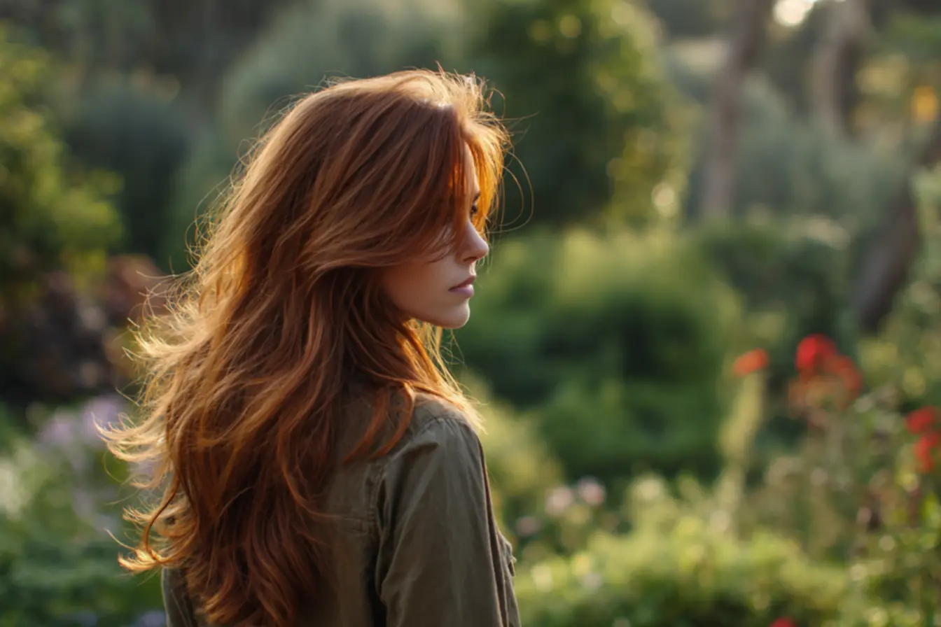 Mulher com cabelo ruivo usando proteção térmica e filtro solar capilar