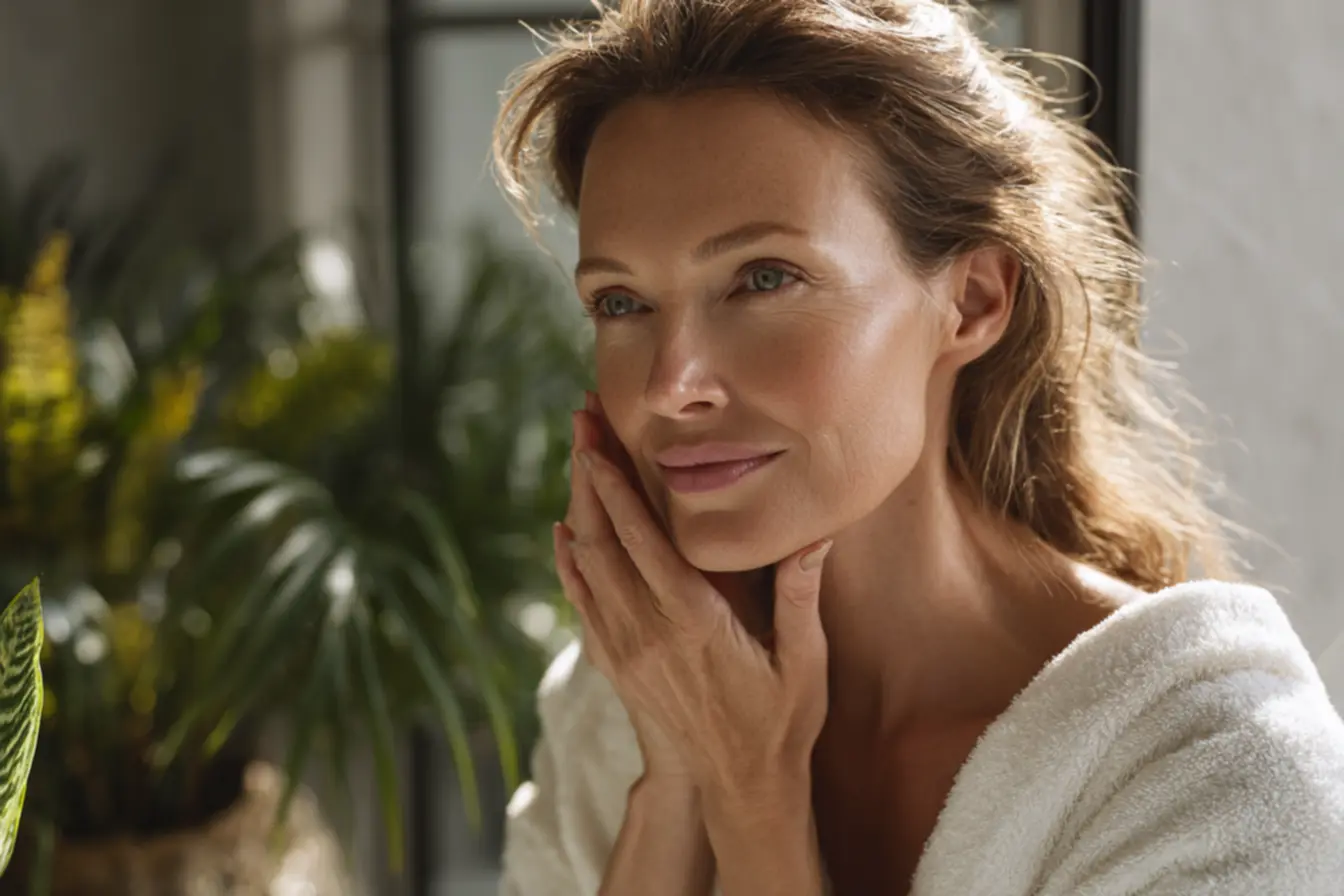 Produtos de skincare para pele madura, incluindo séruns e hidratantes, indicando rotina de cuidados faciais e prevenção de rugas.