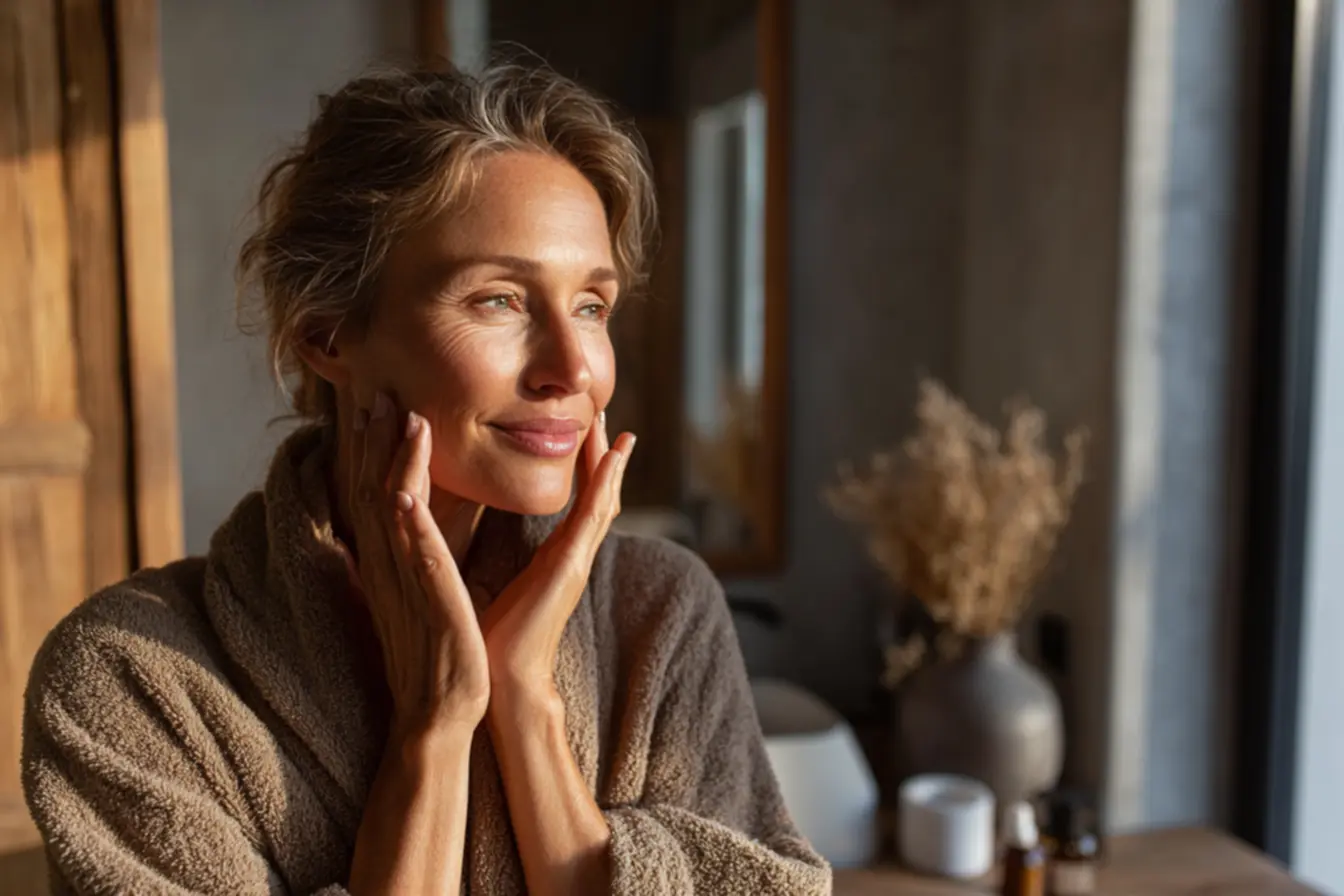 Mulher madura sorrindo, mostrando uma pele bem cuidada, sem manchas ou rugas aparentes, resultado de cuidados essenciais para pele madura.