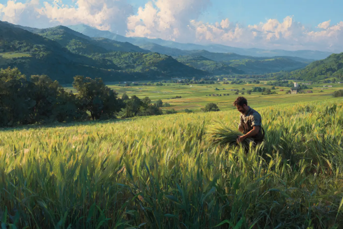 Produtor rural inspecionando espigas de trigo em lavoura, verificando a qualidade e sanidade da planta para safra 2026