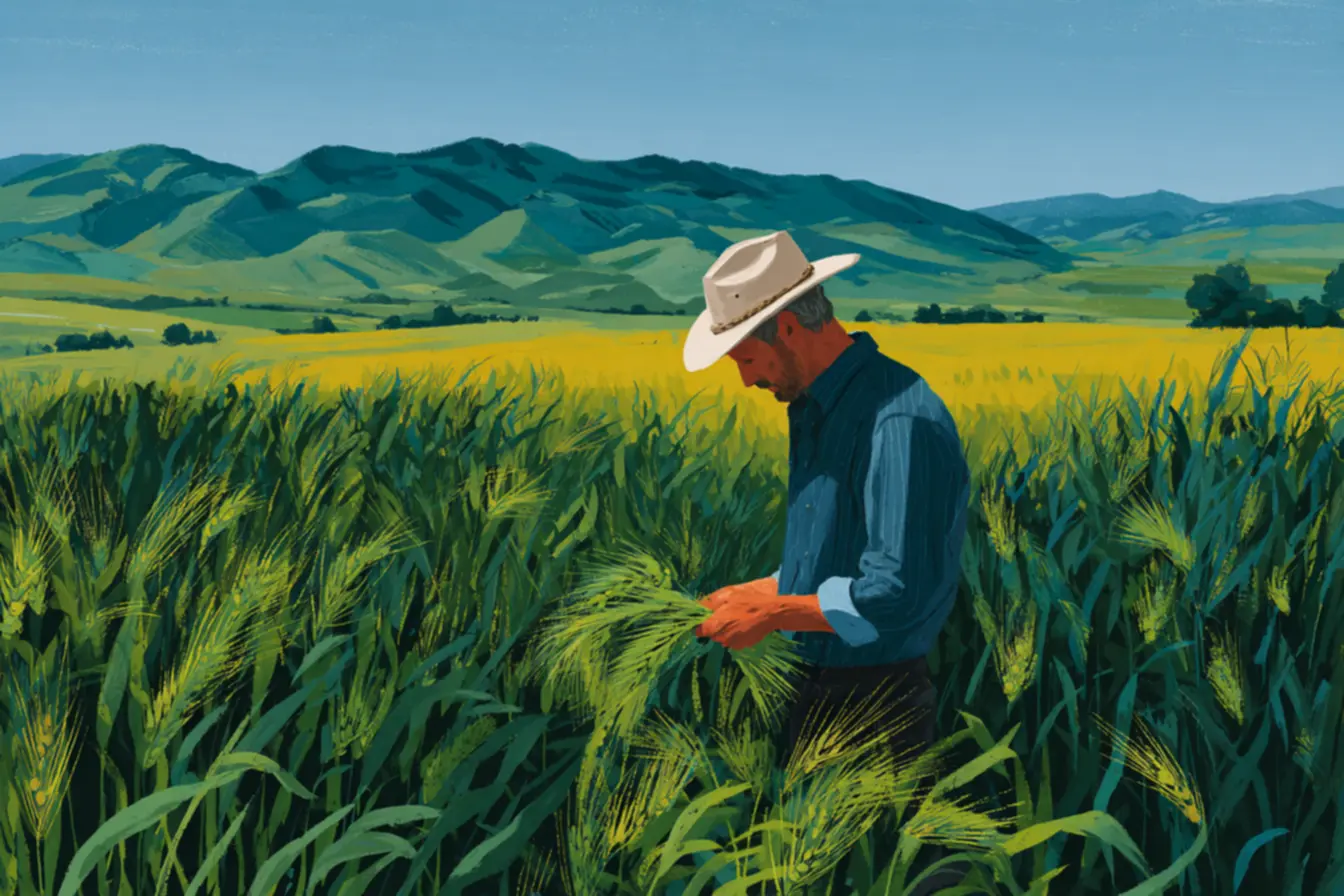 Agricultor analisando a qualidade do solo em campo de trigo, preparando a base para uma boa safra de 2026