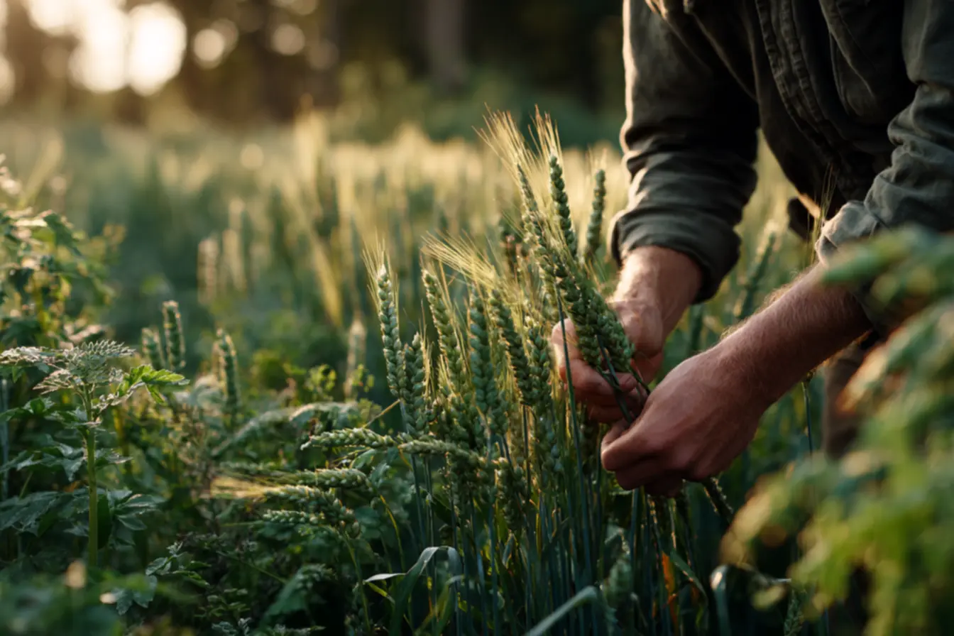 Visão aérea de lavoura de trigo com diferentes tons de verde, indicando o uso de sensores e agricultura de precisão