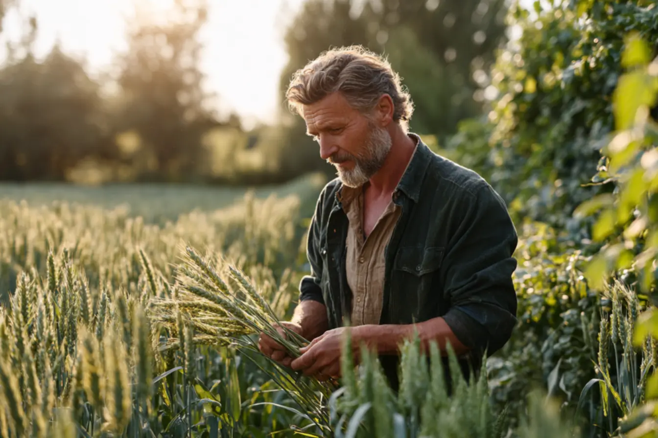 Agricultor observando plantação de trigo, simbolizando o planejamento do cultivo de trigo em 2026
