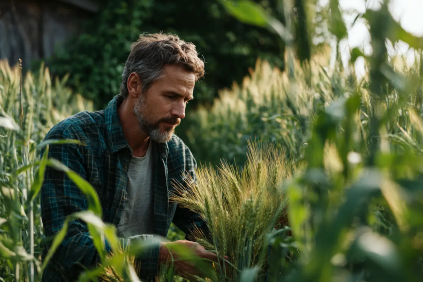 Mãos de agricultor segurando sementes de trigo prontas para o plantio, representando a importância da escolha e densidade de sementes