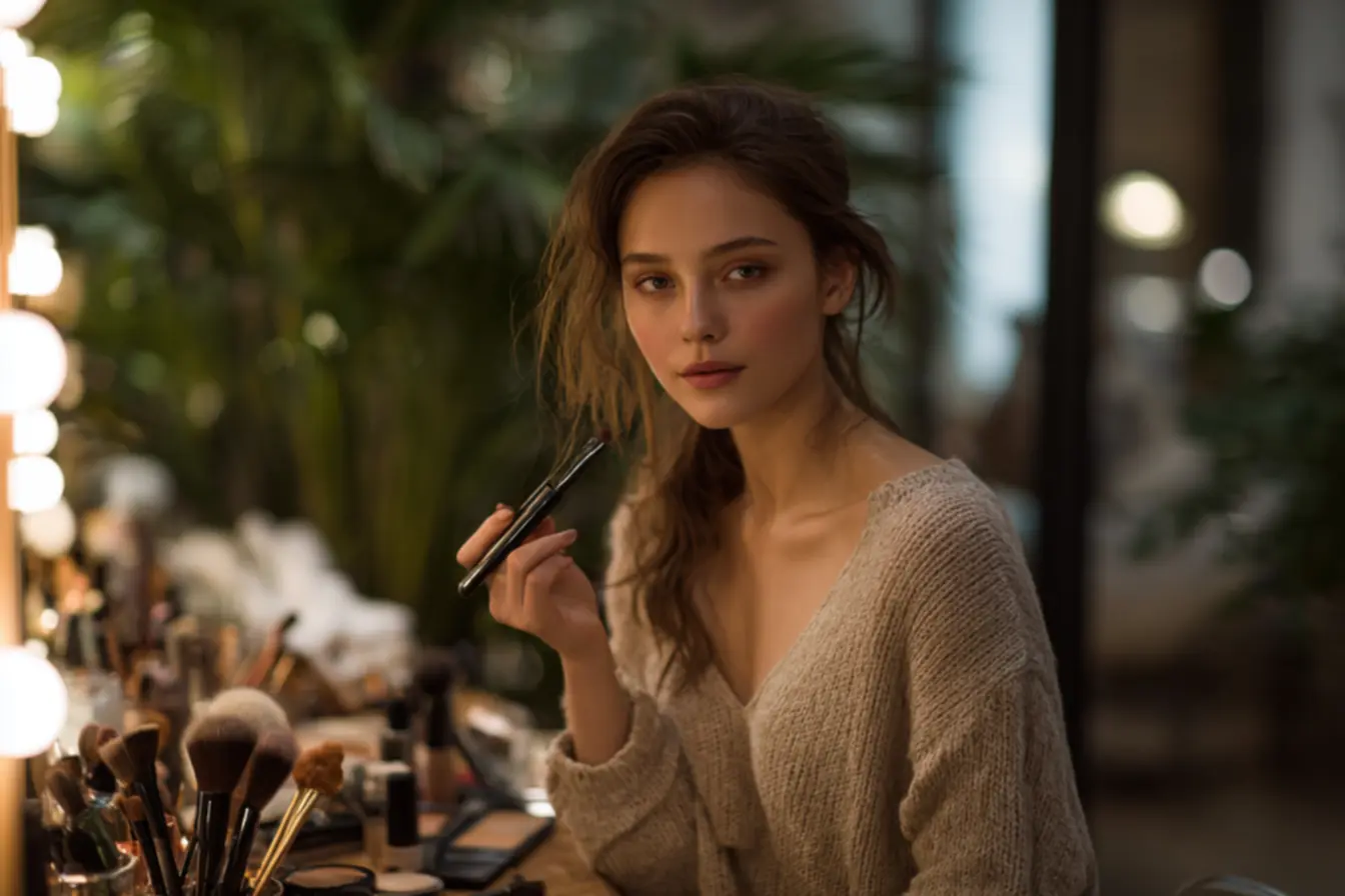 Aplicação de contorno com kabuki angular para moldar o rosto