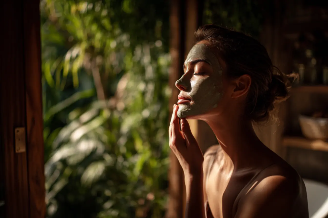 Mulher aplicando pedra ume no rosto para firmeza da pele e poros menores