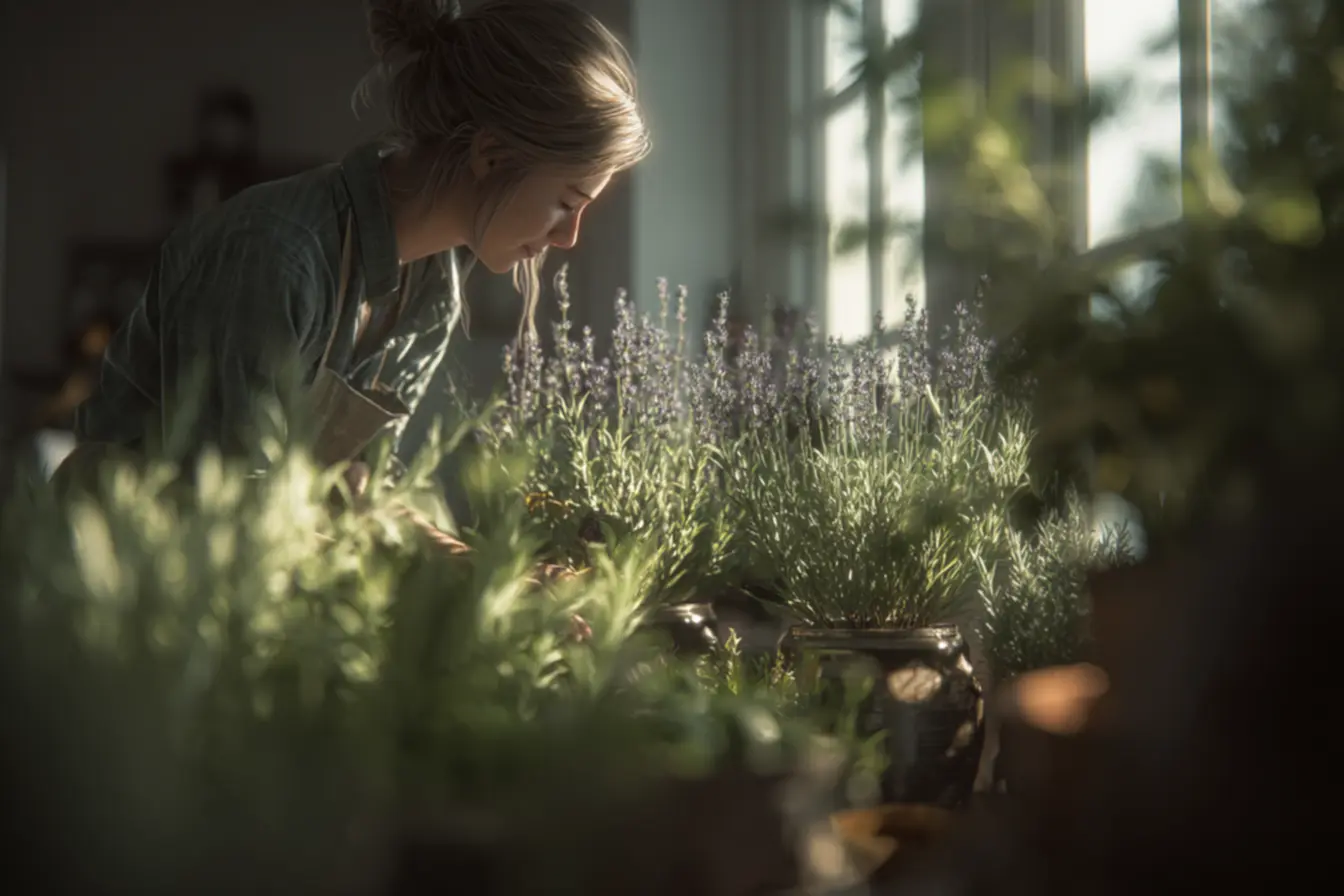 Mãos femininas delicadas segurando um ramo de lavanda, simbolizando a conexão com a natureza e o alívio do estresse