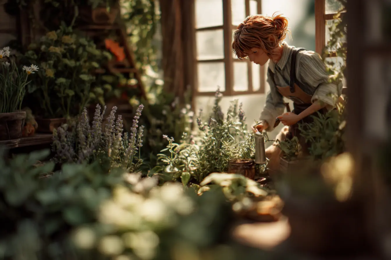 Vaso de lavanda florida em um quarto acolhedor, com luz natural e elementos que trazem calma ao ambiente