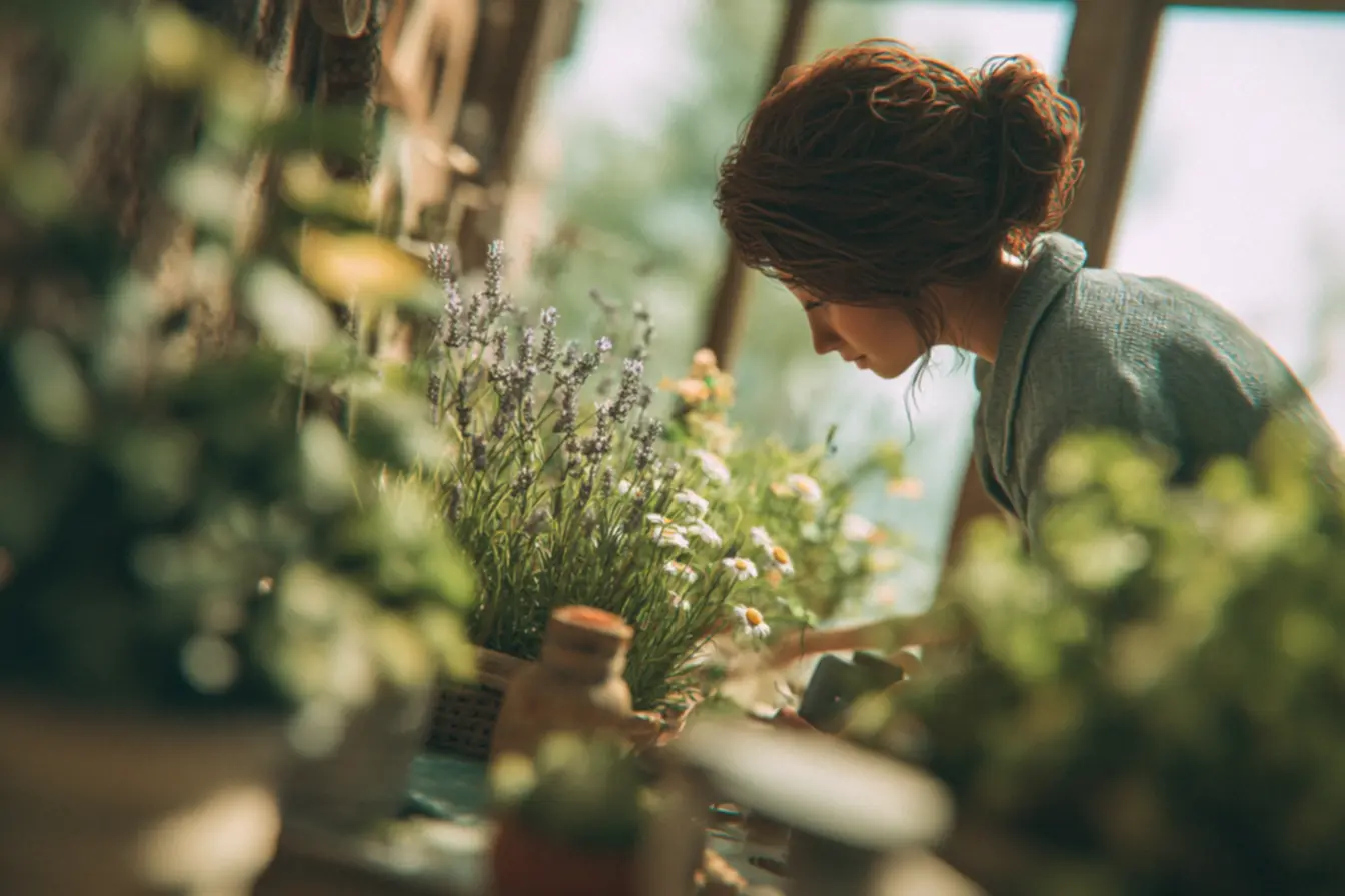 Pessoa meditando em ambiente calmo com plantas aromáticas e luz suave, promovendo o bem-estar natural