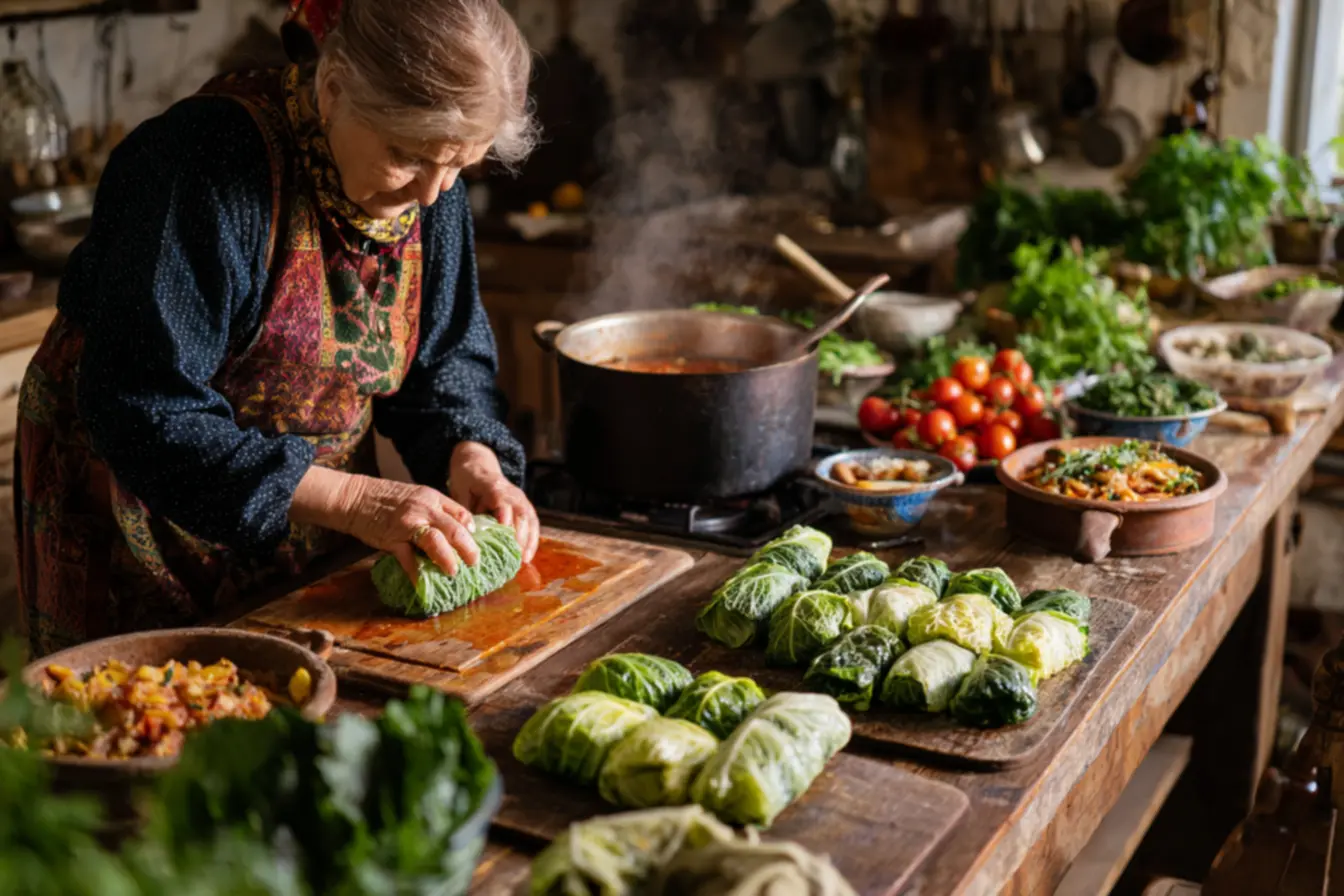 Cabeça de repolho fresca sendo preparada para charutos com miolo removido
