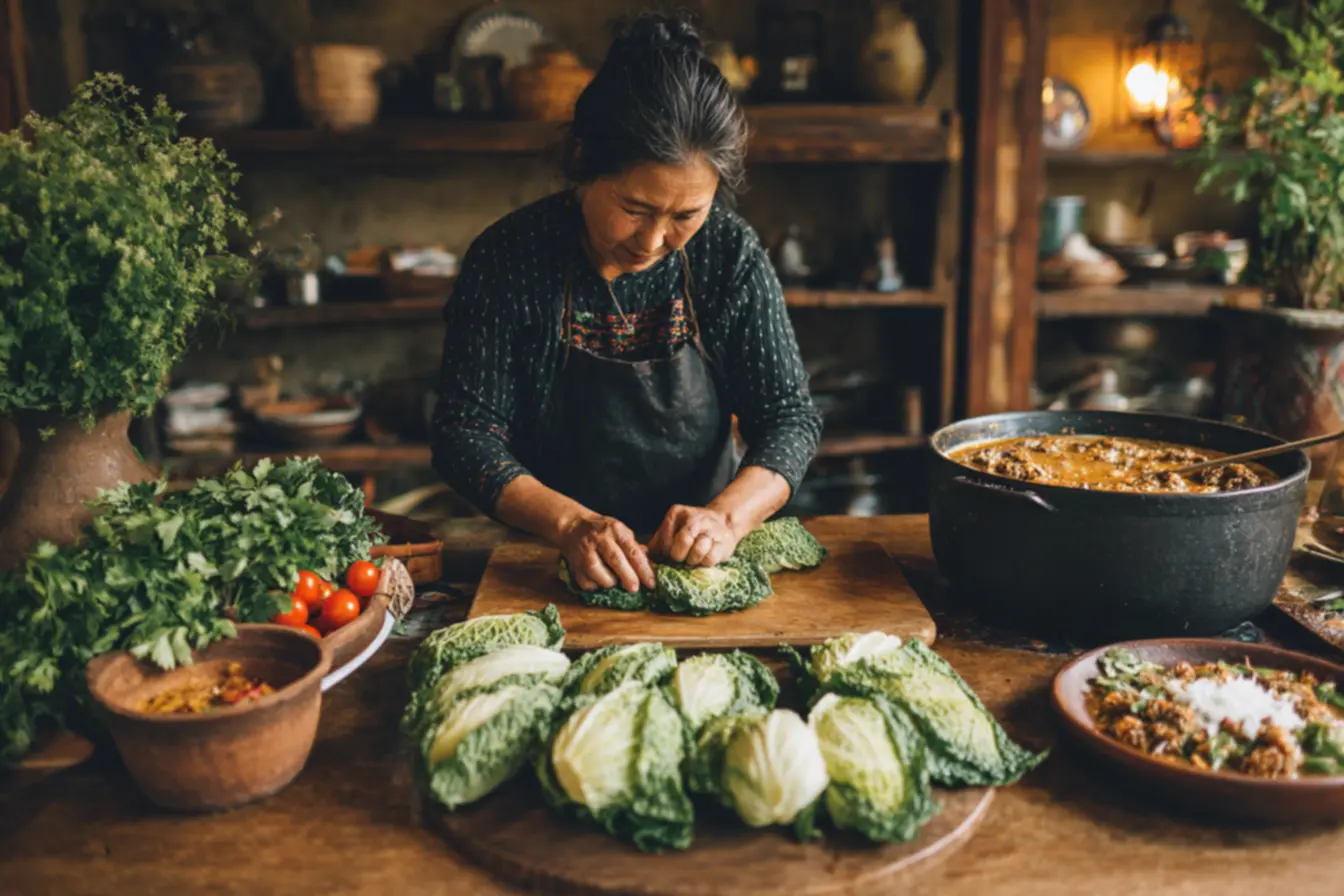 Charutos de repolho cozinhando lentamente em molho de tomate caseiro