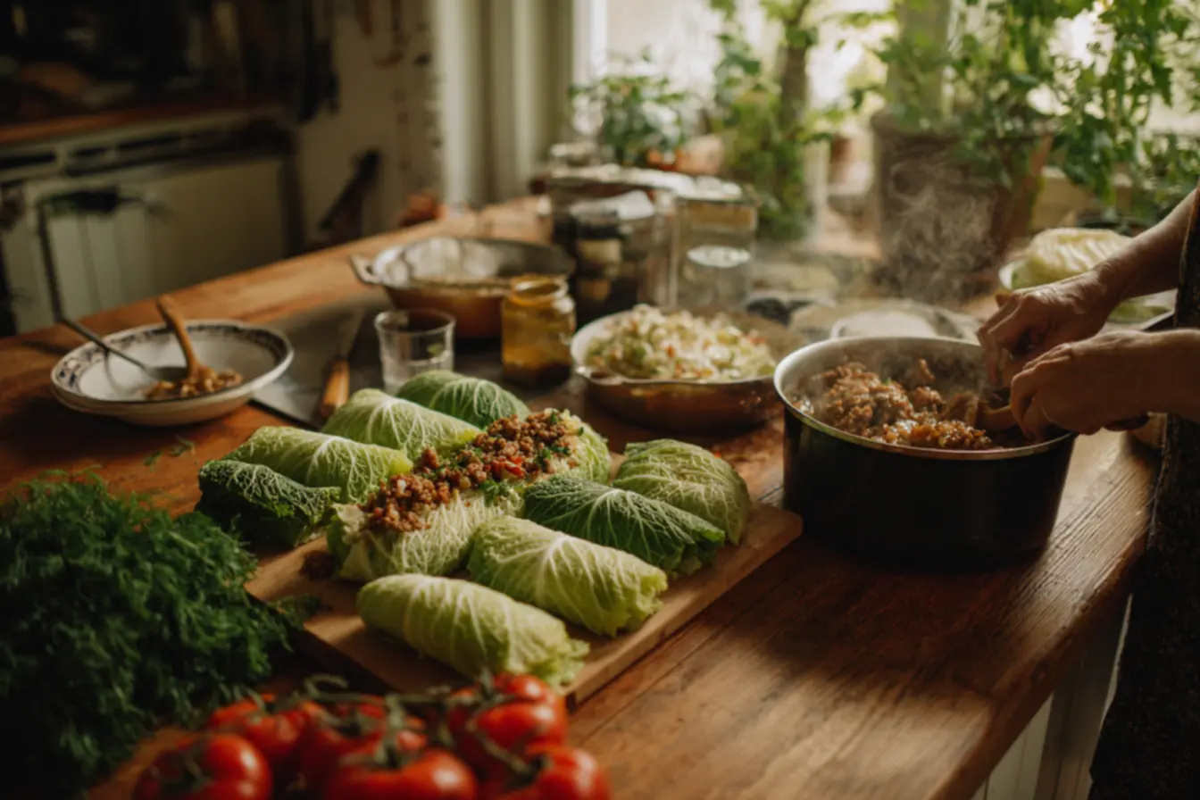 Charuto de repolho caseiro preparado com folhas macias e recheio suculento