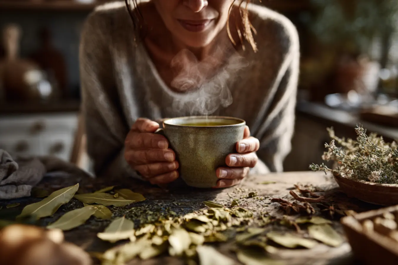 Pessoa sentindo desconforto estomacal após refeição, com louro em destaque como solução natural.