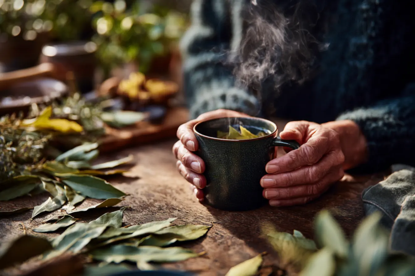 Chá de louro fumegante em uma xícara, pronto para ser consumido após uma refeição.