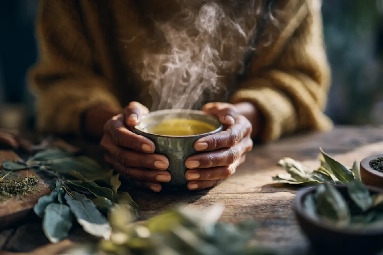 Folhas de louro frescas e secas em uma bancada de cozinha, destacando seu papel na digestão.