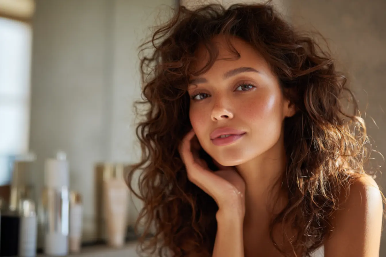 Produtos de hidratação para cabelos cacheados organizados em bancada de salão