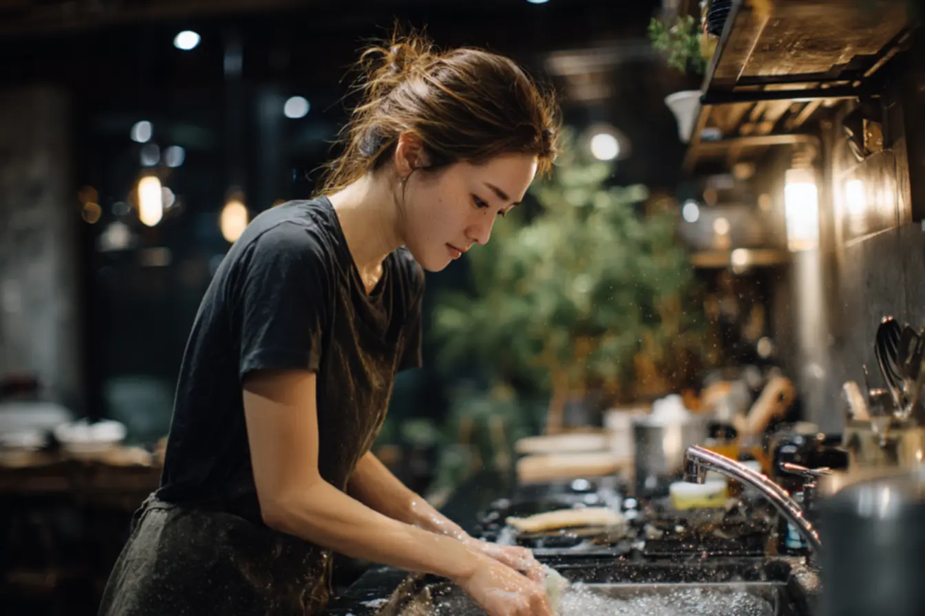 Grades de fogão submersas em bacia com água morna e detergente