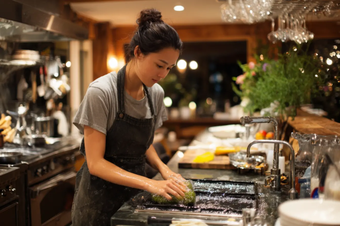 Detalhe de grade de fogão sendo esfregada com esponja macia e pastinha desengordurante