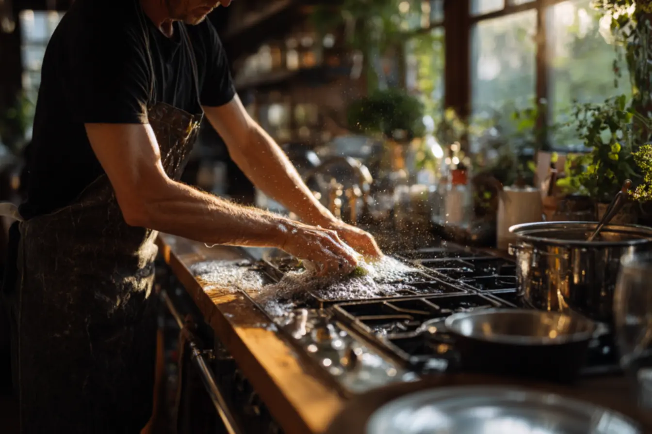 Grades de fogão sujas com gordura incrustada antes da limpeza
