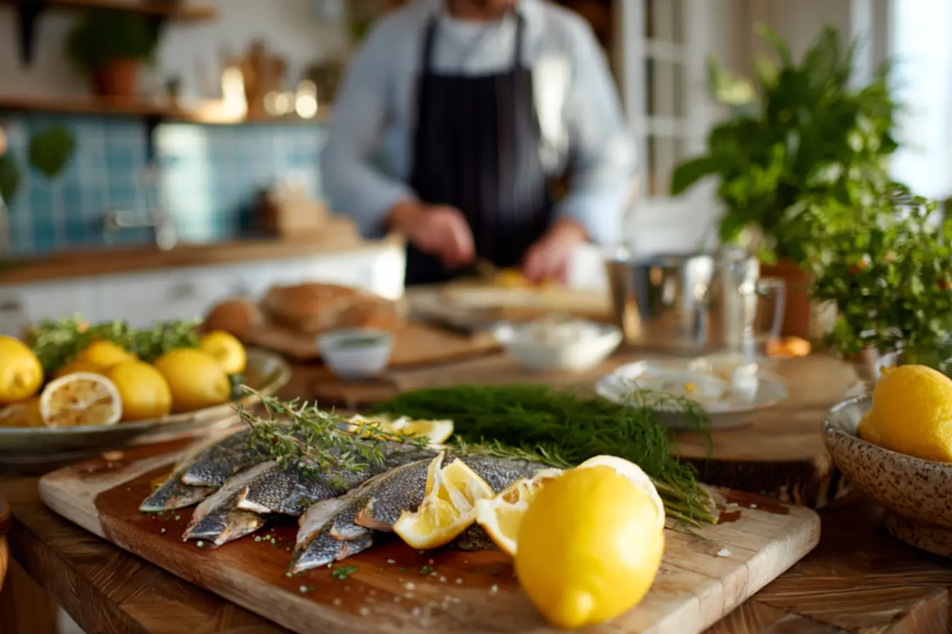 Peixe sendo preparado na cozinha
