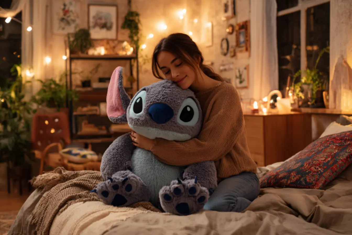 Stitch de pelúcia azul fofinho em destaque decorando quarto infantil