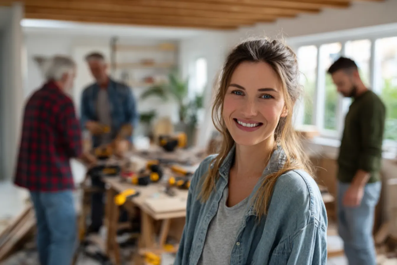 Pessoas planejando a reforma de uma casa com ferramentas digitais, simbolizando a busca por profissionais em sites de reforma.