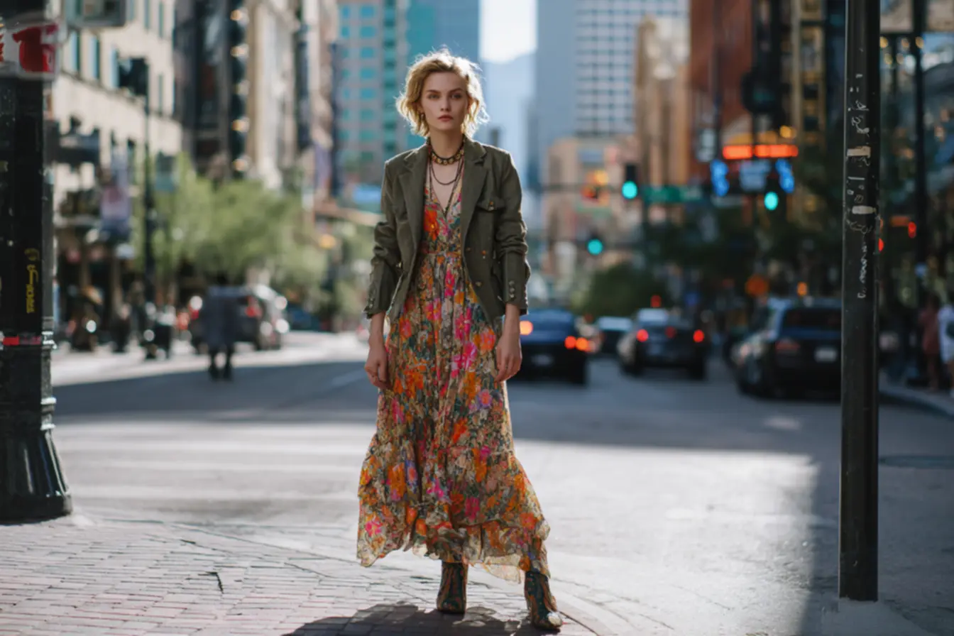 Visual hippie boho anos 70 com vestidos longos, crochê e acessórios artesanais