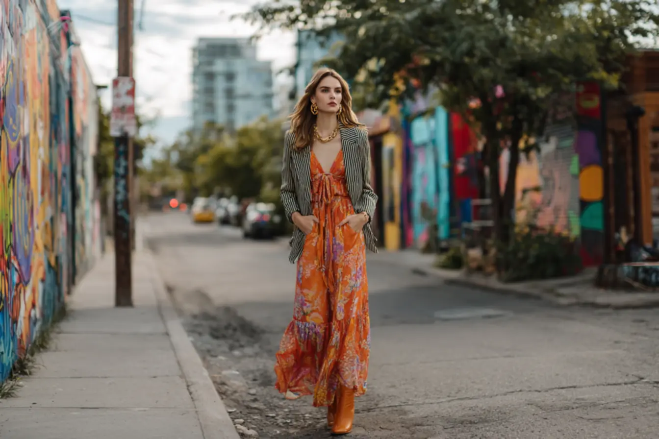 Estilo feminino dos anos 70 e 80 com calça flare, blazer e referências retrô modernas