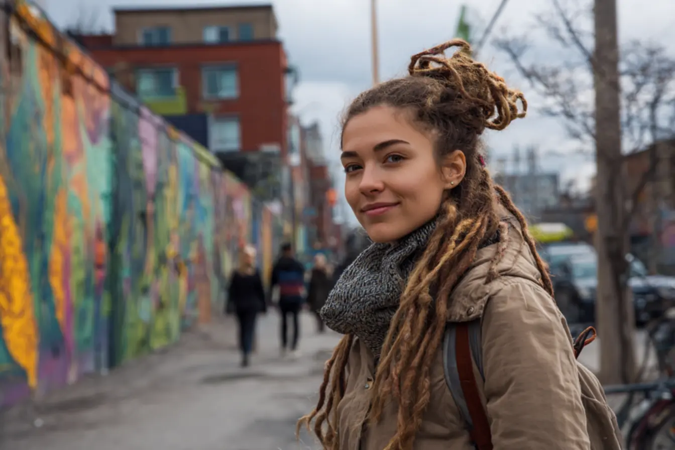 Mulher com dreadlocks elegantes, refletindo a estética e o cuidado com os cabelos rastafári em 2026.