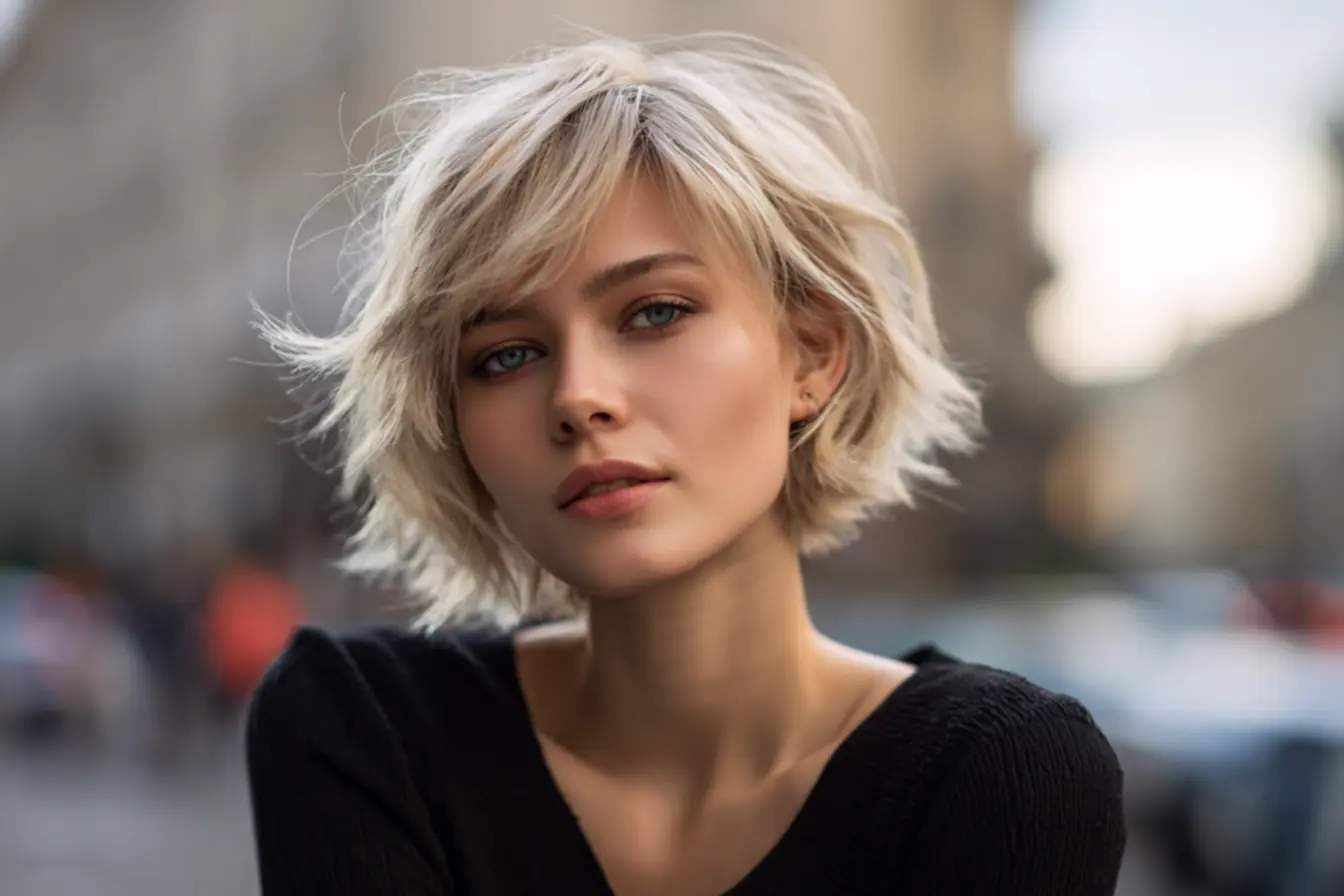 Mulher moderna com cabelo curto rejuvenescedor destacando olhos e maçãs do rosto