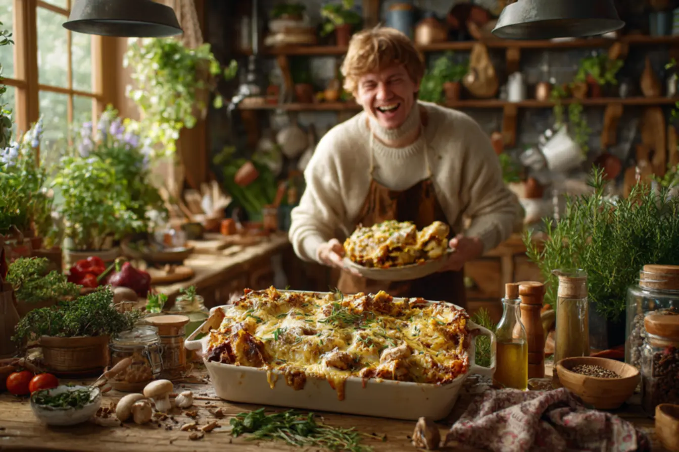 Frango cremoso em travessa gratinado no forno para almoço de família
