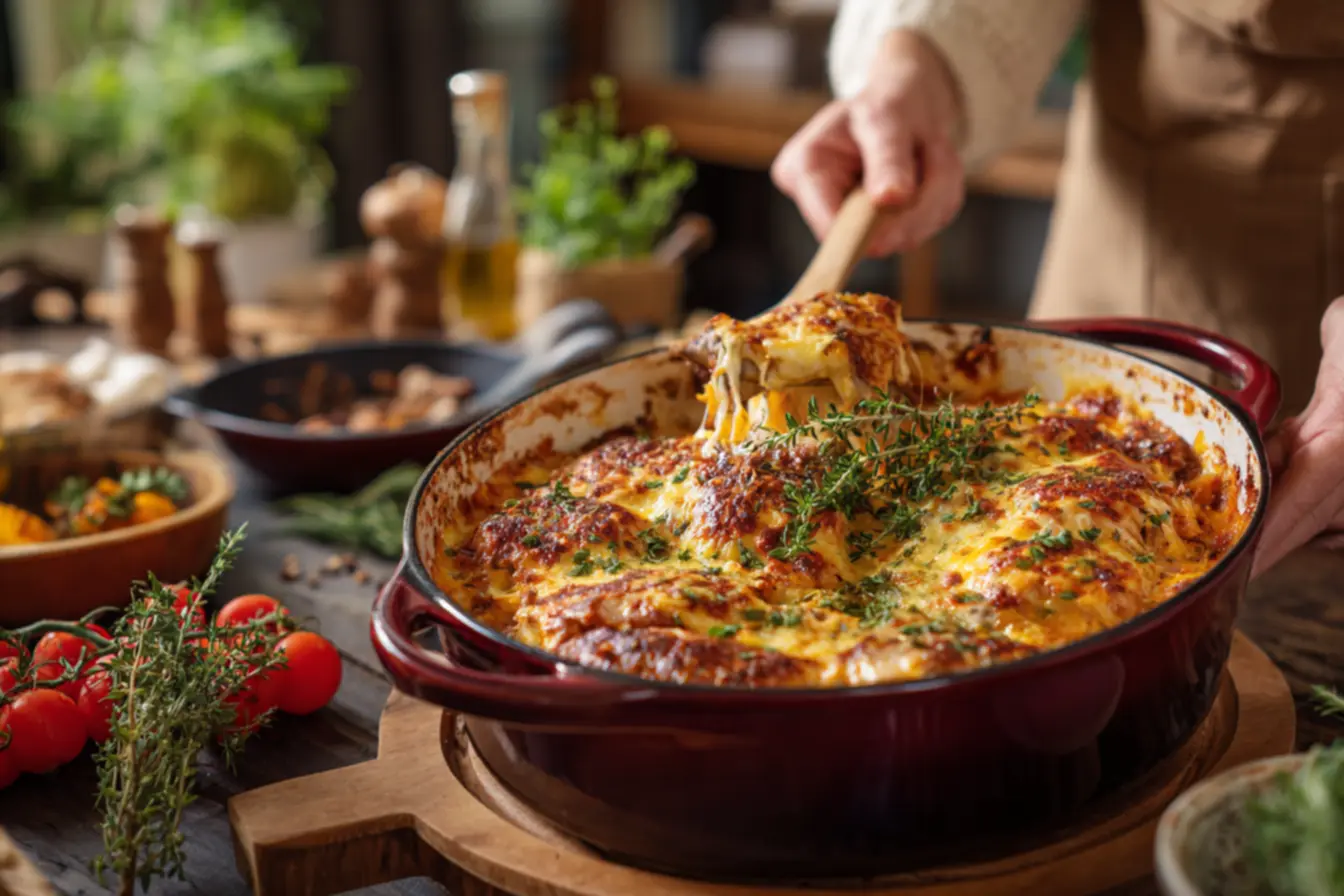 Travessa de frango cremoso montada em camadas indo ao forno