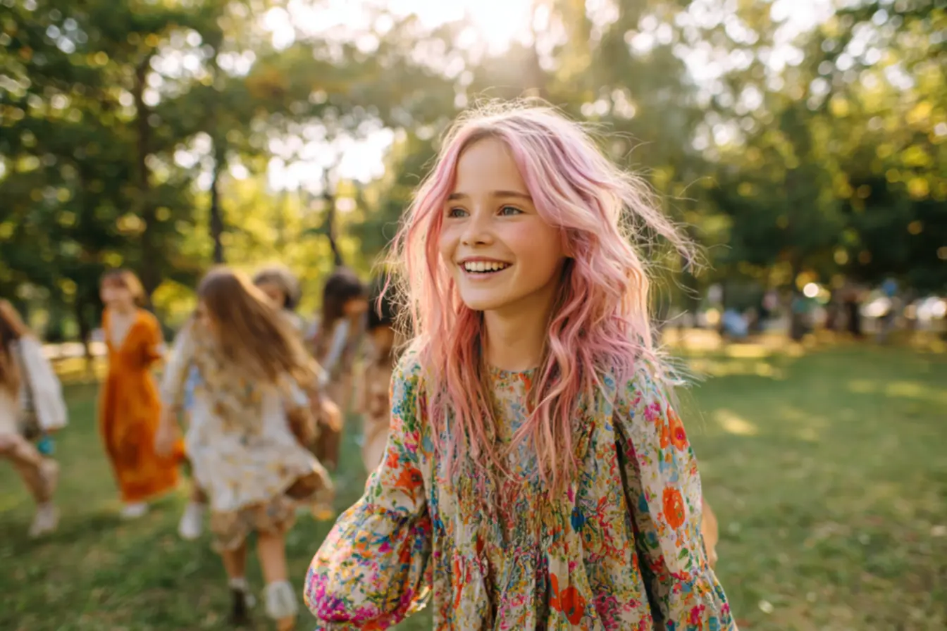 Criança com cabelo rosa em festa