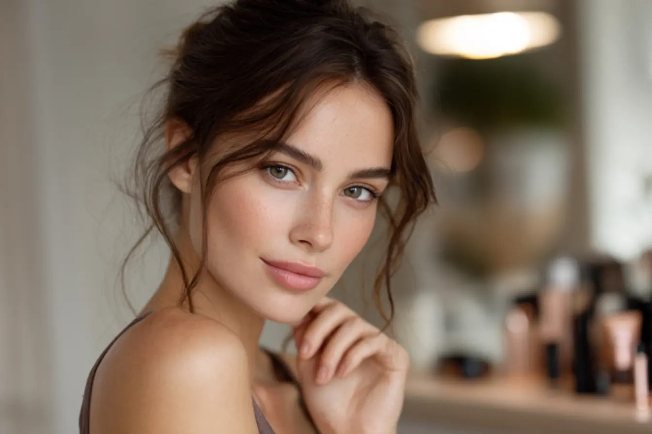 Tipos de corretivo líquido, cremoso, em bastão e colorido organizados em bancada de maquiagem