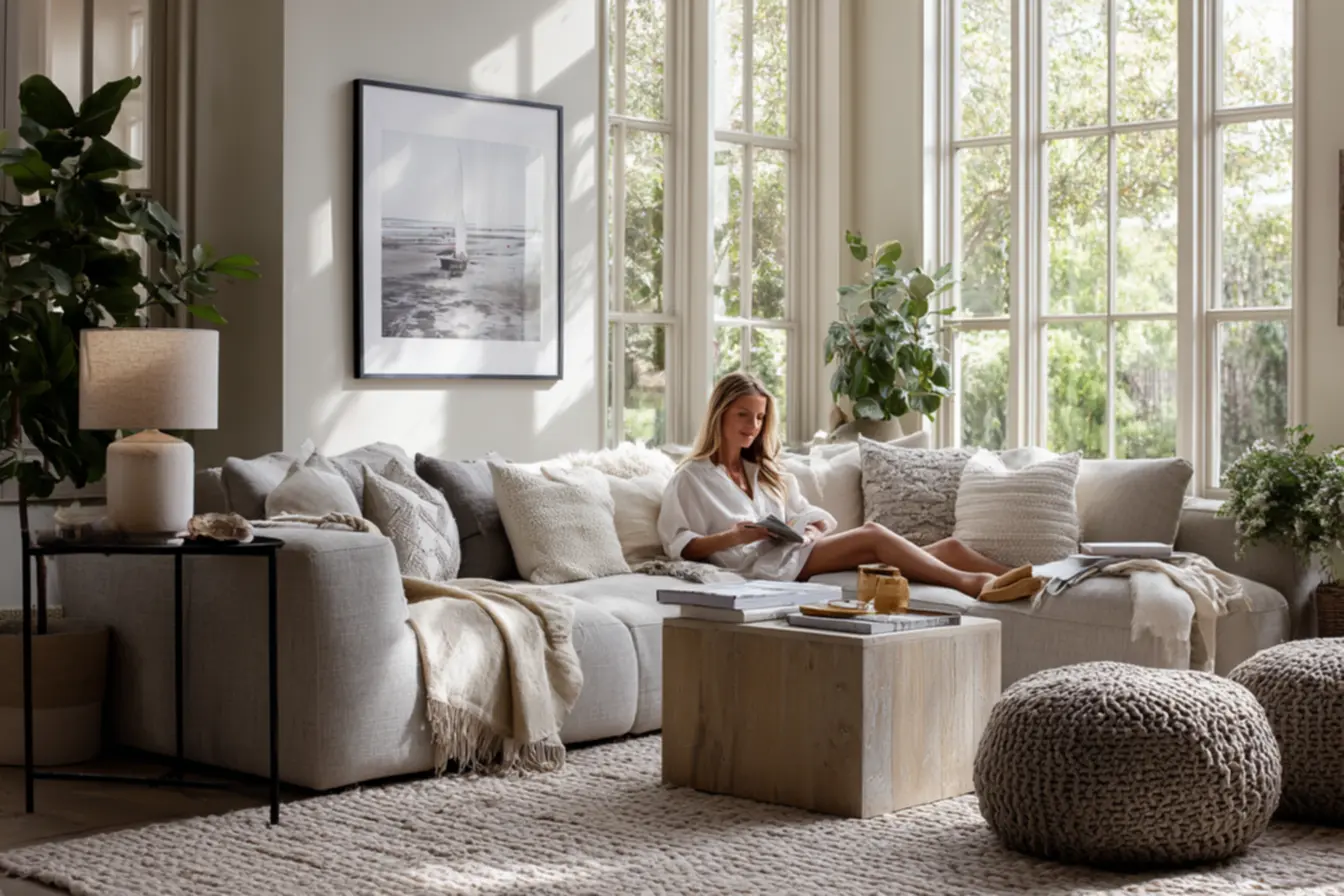 detalhe de texturas em linho madeira fibras naturais e cimento queimado em sala neutra