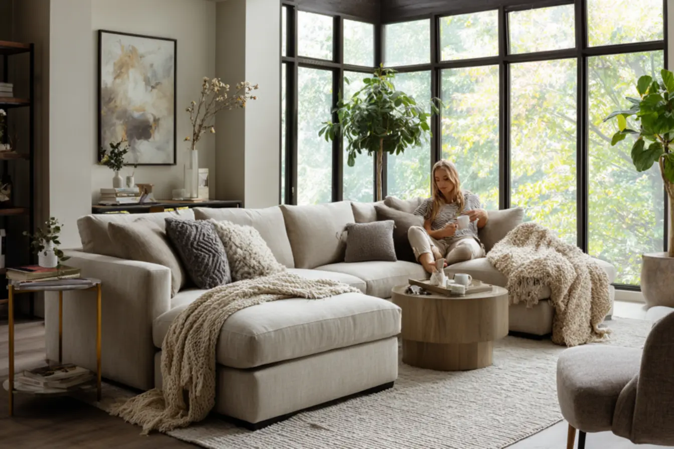 sala decorada com tons neutros aconchegantes e decoração minimalista