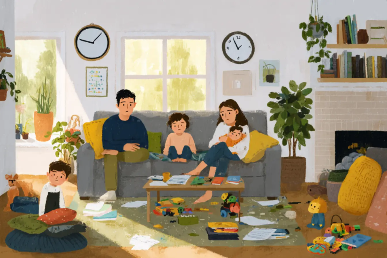 Família tentando se adaptar ao horário de verão de 2026 no Reino Unido, com pais cansados e crianças irritadas.