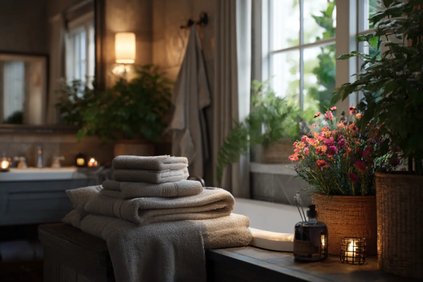 Banheiro dos sonhos com decoração minimalista e toalhas de qualidade