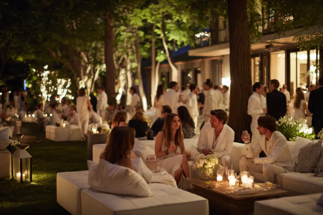 Mesa posta minimalista em festa branca chic com louça clara