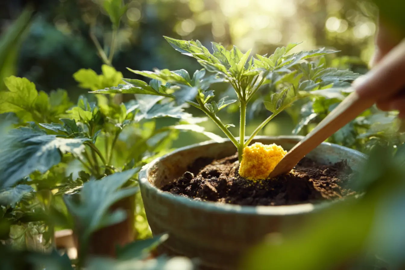Polenta seca espalhada na superfície do substrato de um vaso, preparando-se para alimentar a microbiologia do solo.