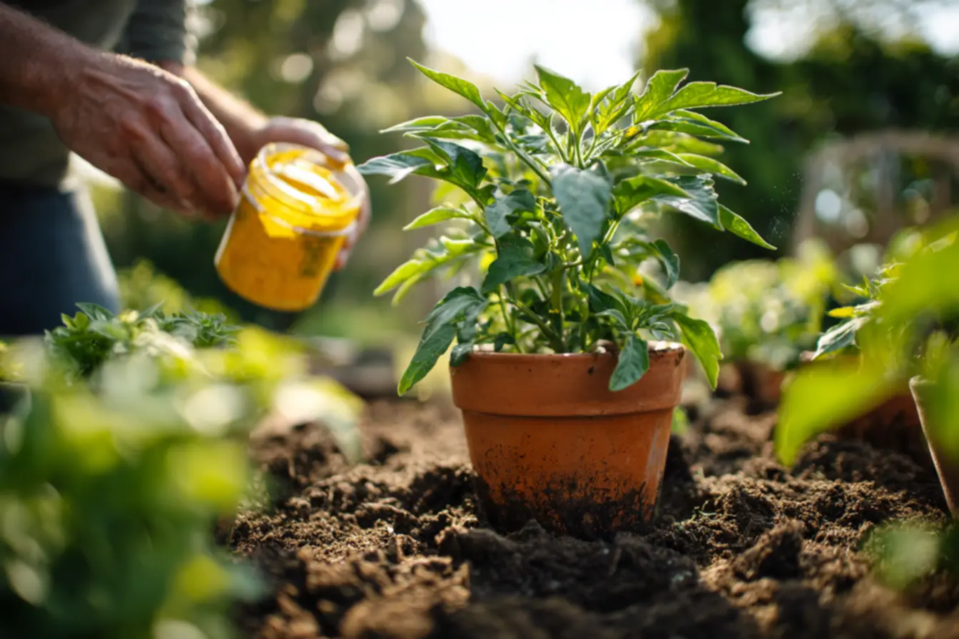 Mãos de jardineiro aplicando uma colher de polenta seca em um vaso, seguindo as diretrizes de dosagem para plantas saudáveis.