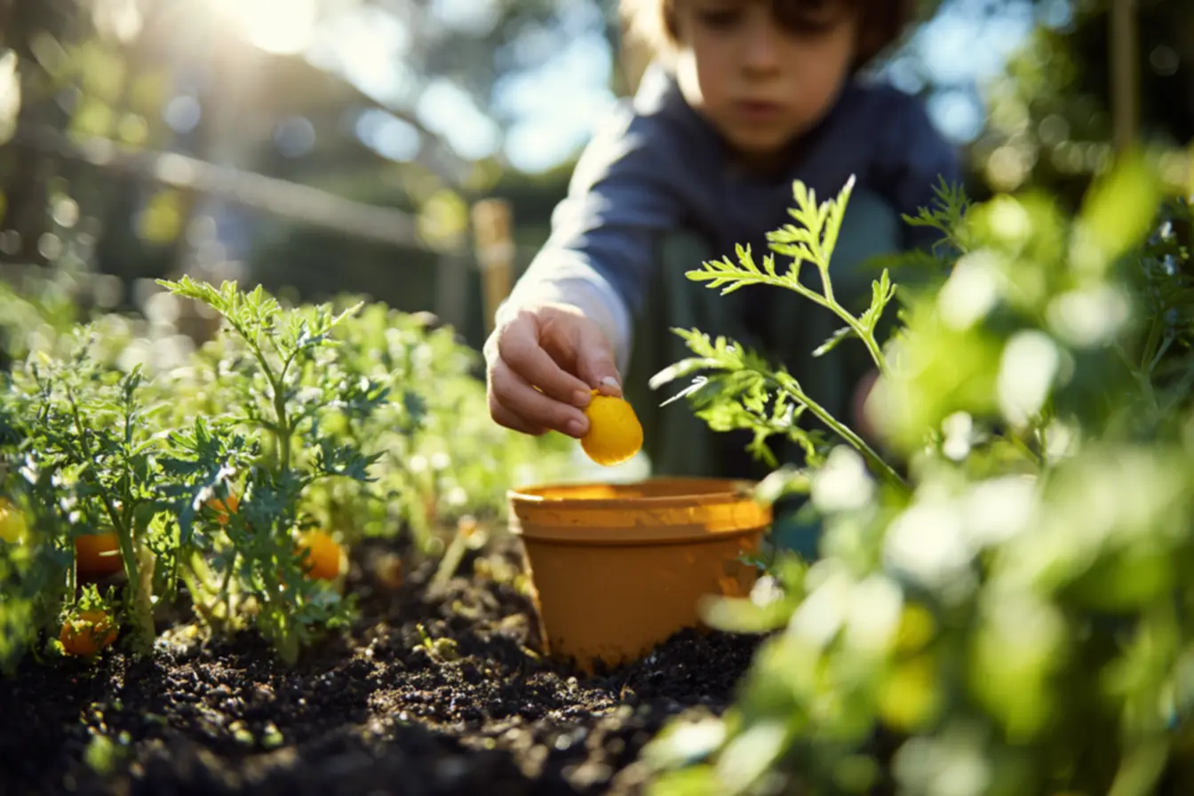Jardineiro aplicando polenta em vaso, promovendo um crescimento saudável das plantas e um solo mais fértil.
