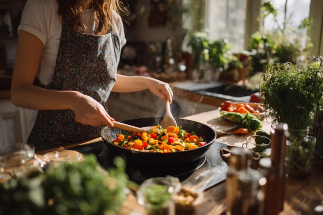 Legumes refogados na frigideira mostrando método de preparo saudável