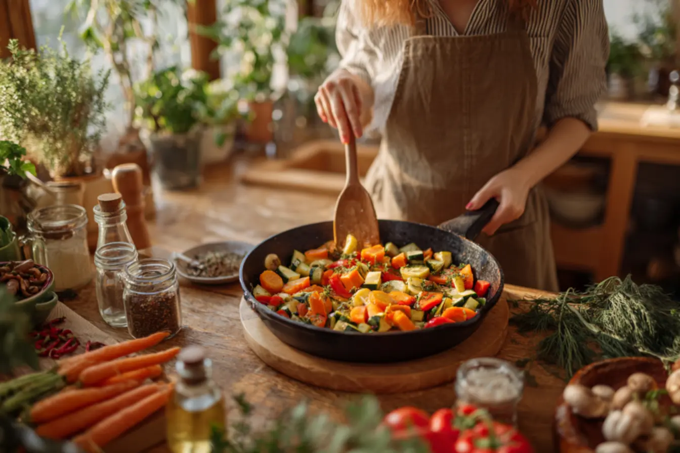Prato colorido de legumes refogados saudáveis com textura al dente