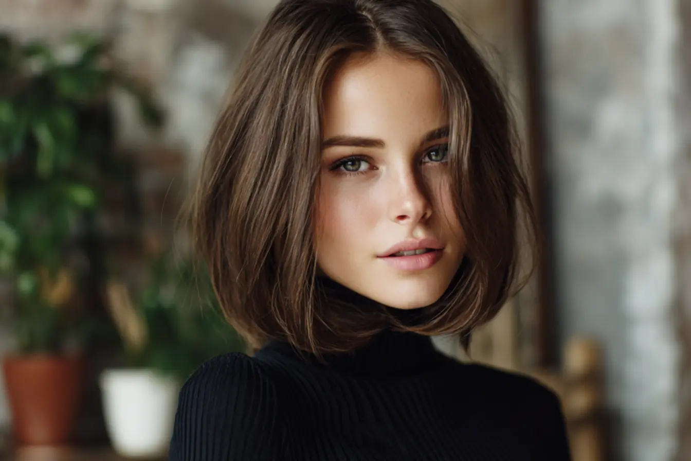 Long bob liso assimétrico, destacando a modernidade e o impacto do estilo.