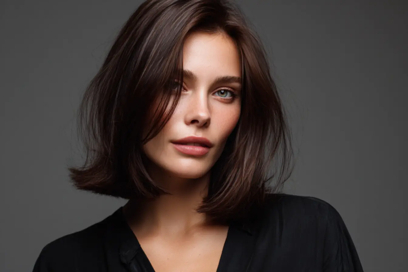 Long bob liso blunt com franja marcante, um estilo expressivo e cheio de personalidade.