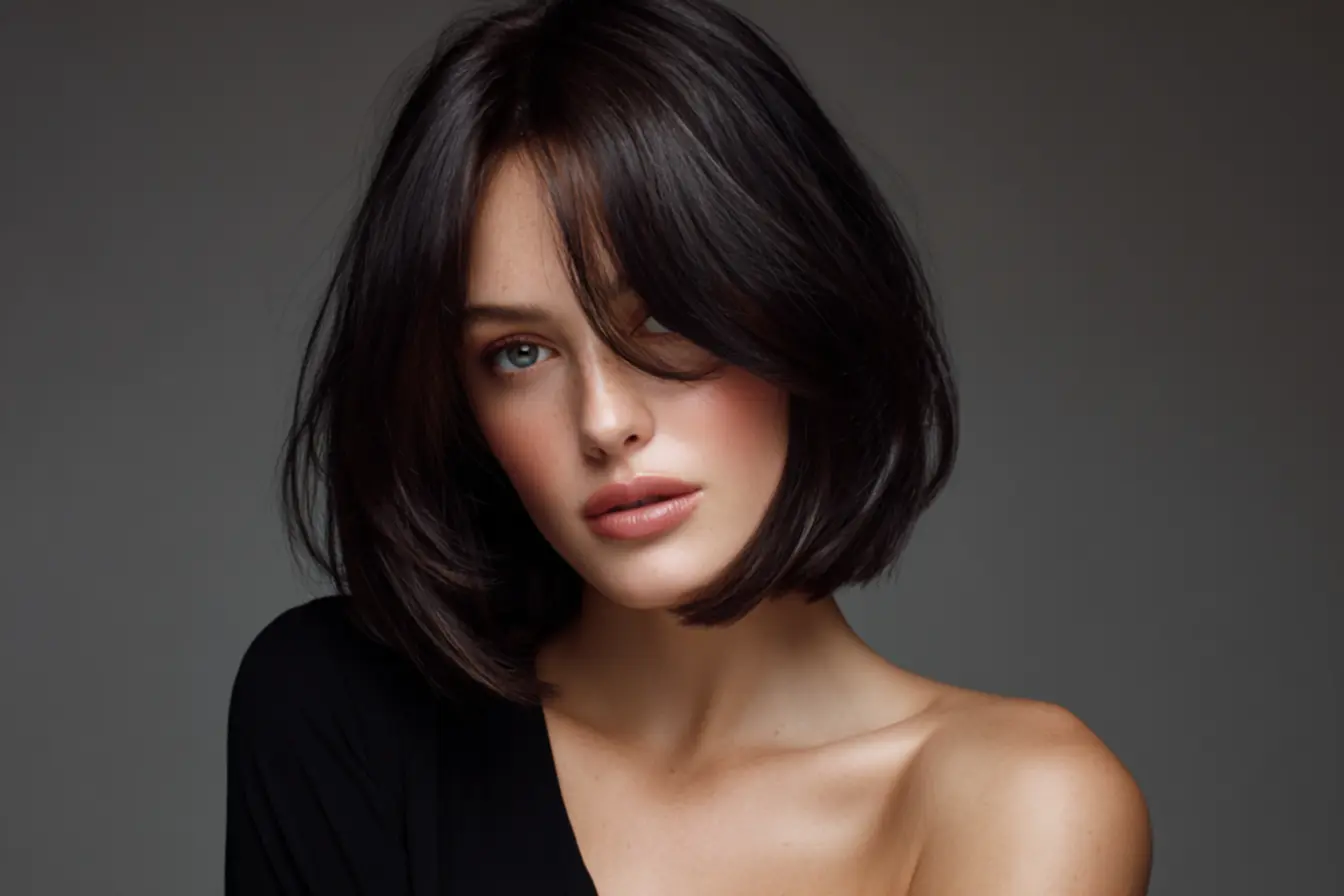 Mulher com long bob liso clássico e alinhado, mostrando a elegância do corte reto.