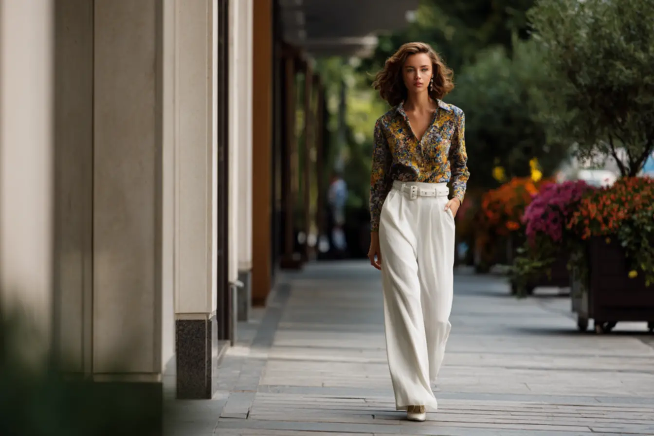 Look de trabalho com calça branca de alfaiataria e camisa colorida