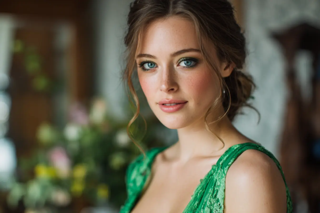 Detalhes de maquiagem verde esmeralda combinando com vestido de madrinha