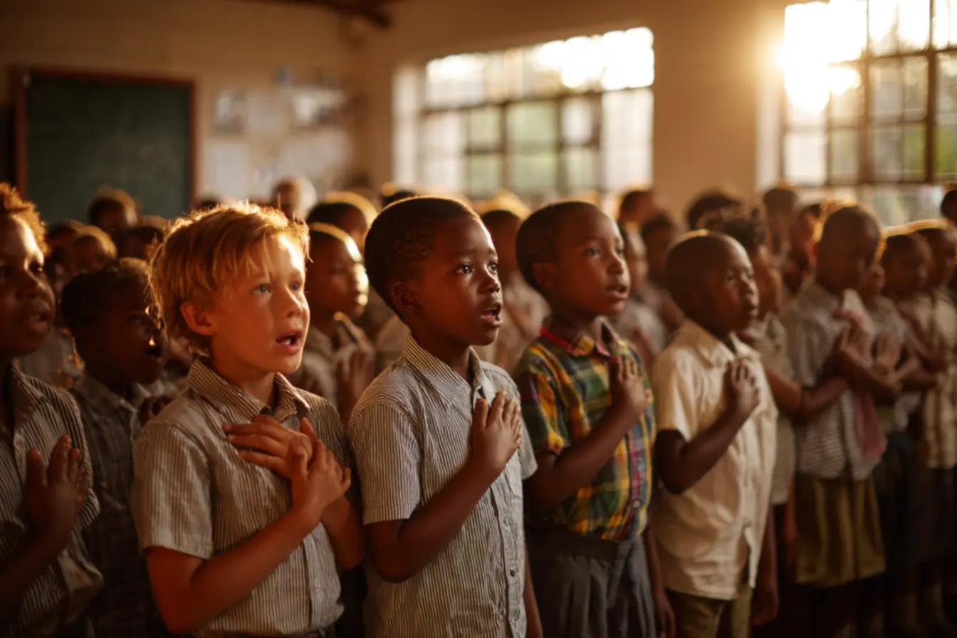Crianças uniformizadas em fila na escola antiga, simbolizando os rituais e a rotina escolar.